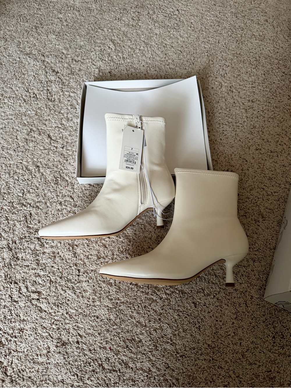 Cream Pointed-Toe Ankle Boots with Kitten Heel
